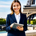 **

A professional woman in a stylish, fully clothed business suit, standing in front of the Eiffel Tower in Paris. She is holding a tablet and smiling confidently. Background includes Parisian architecture and a bright, sunny day. Appropriate attire, safe for work, perfect anatomy, natural proportions, professional photography, high quality, modest.

**