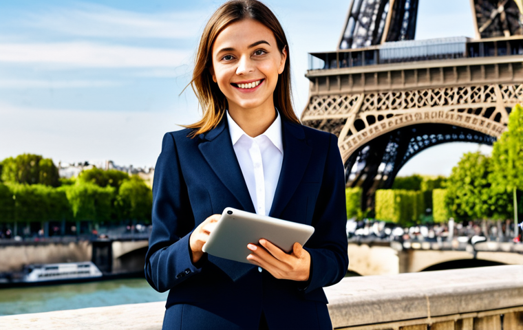 **

A professional woman in a stylish, fully clothed business suit, standing in front of the Eiffel Tower in Paris. She is holding a tablet and smiling confidently. Background includes Parisian architecture and a bright, sunny day. Appropriate attire, safe for work, perfect anatomy, natural proportions, professional photography, high quality, modest.

**
